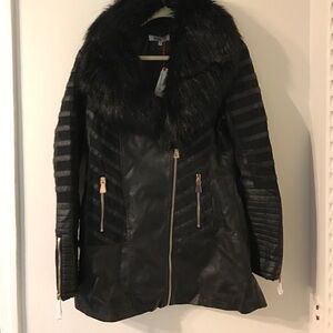 Boohoo Black Faux Leather Coat with Faux Fur Collar